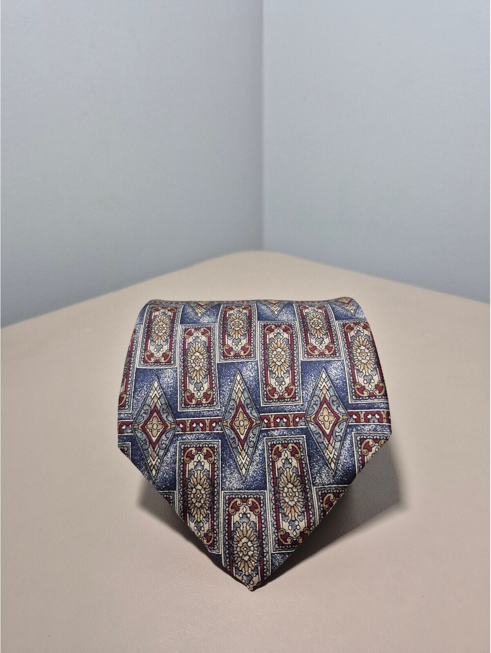 Savile Row 100% Silk Geometric Necktie Blue Burgundy Gold Wide 4 Inch Vintage